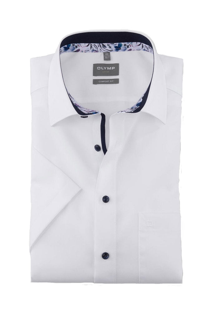 Olymp Luxor Comfort Fit Short Sleeve Shirt with Trim - White