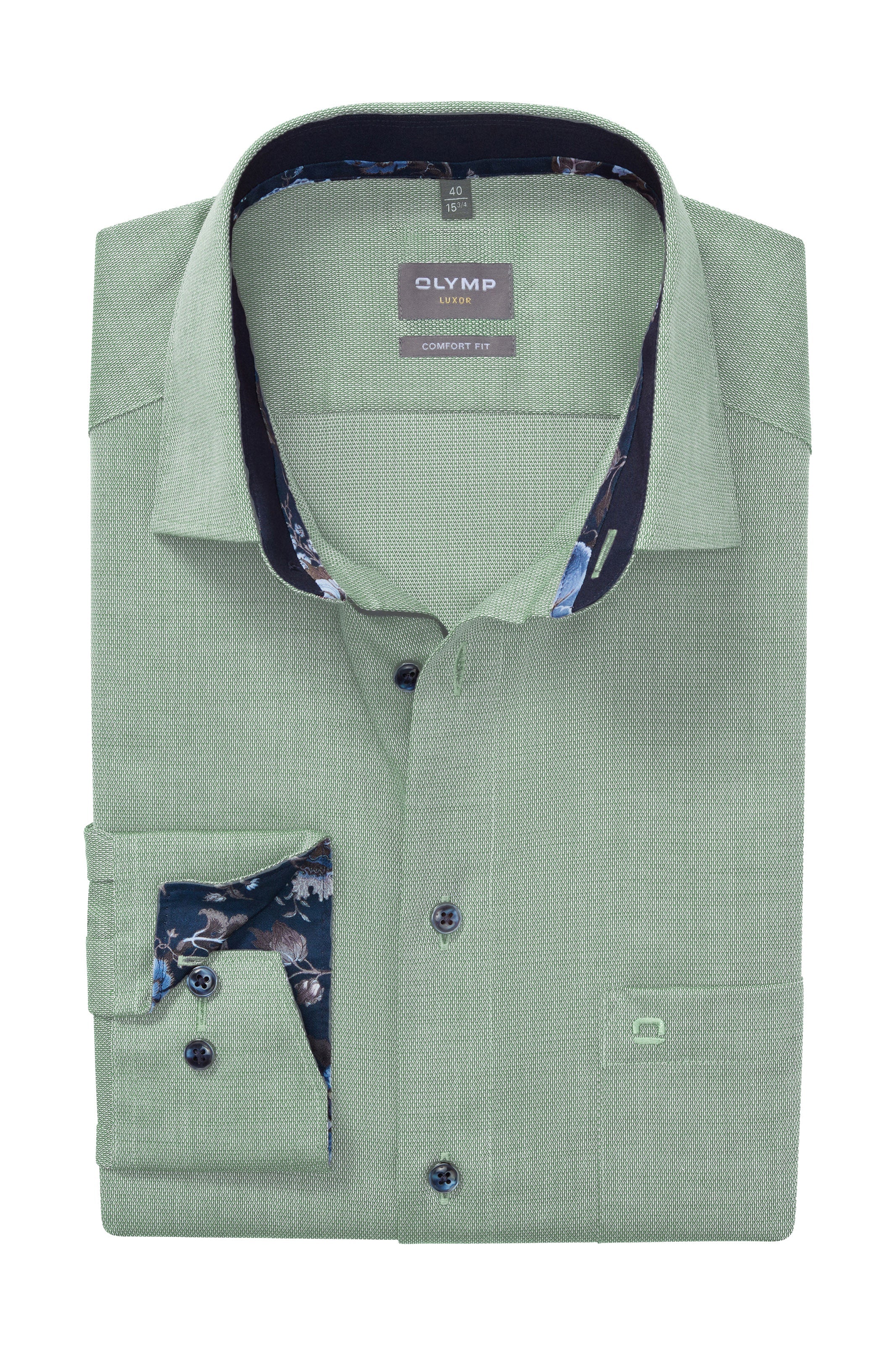 Olymp Luxor Comfort Fit Twill Long Sleeve Shirt with Trim - Green