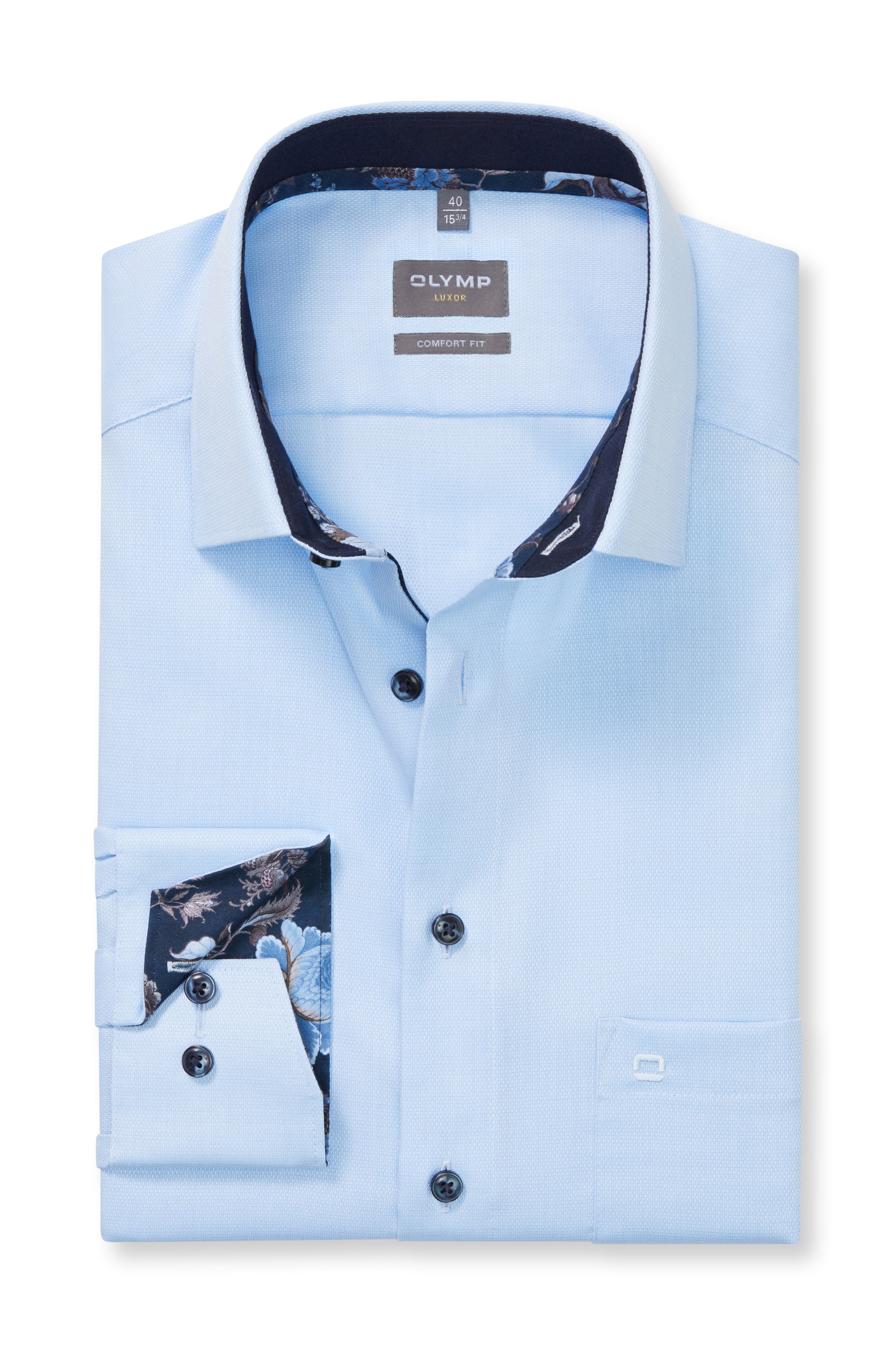 Olymp Luxor Comfort Fit Twill Long Sleeve Shirt with Trim - Pale Blue