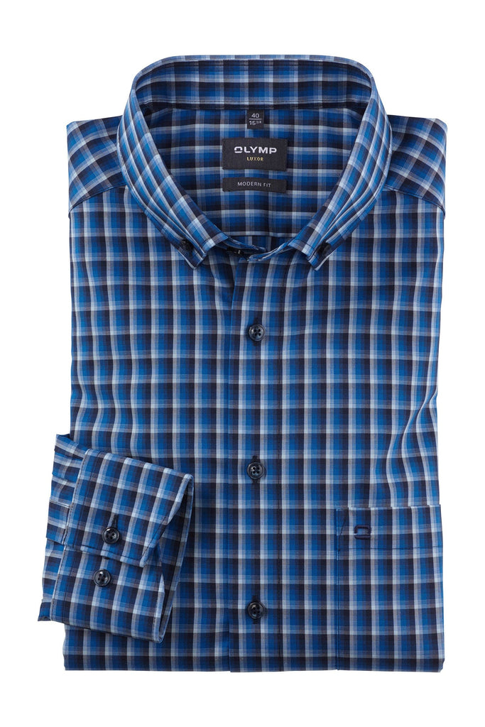 Olymp Luxor Modern Fit Check Long Sleeve Shirt - Royal Blue
