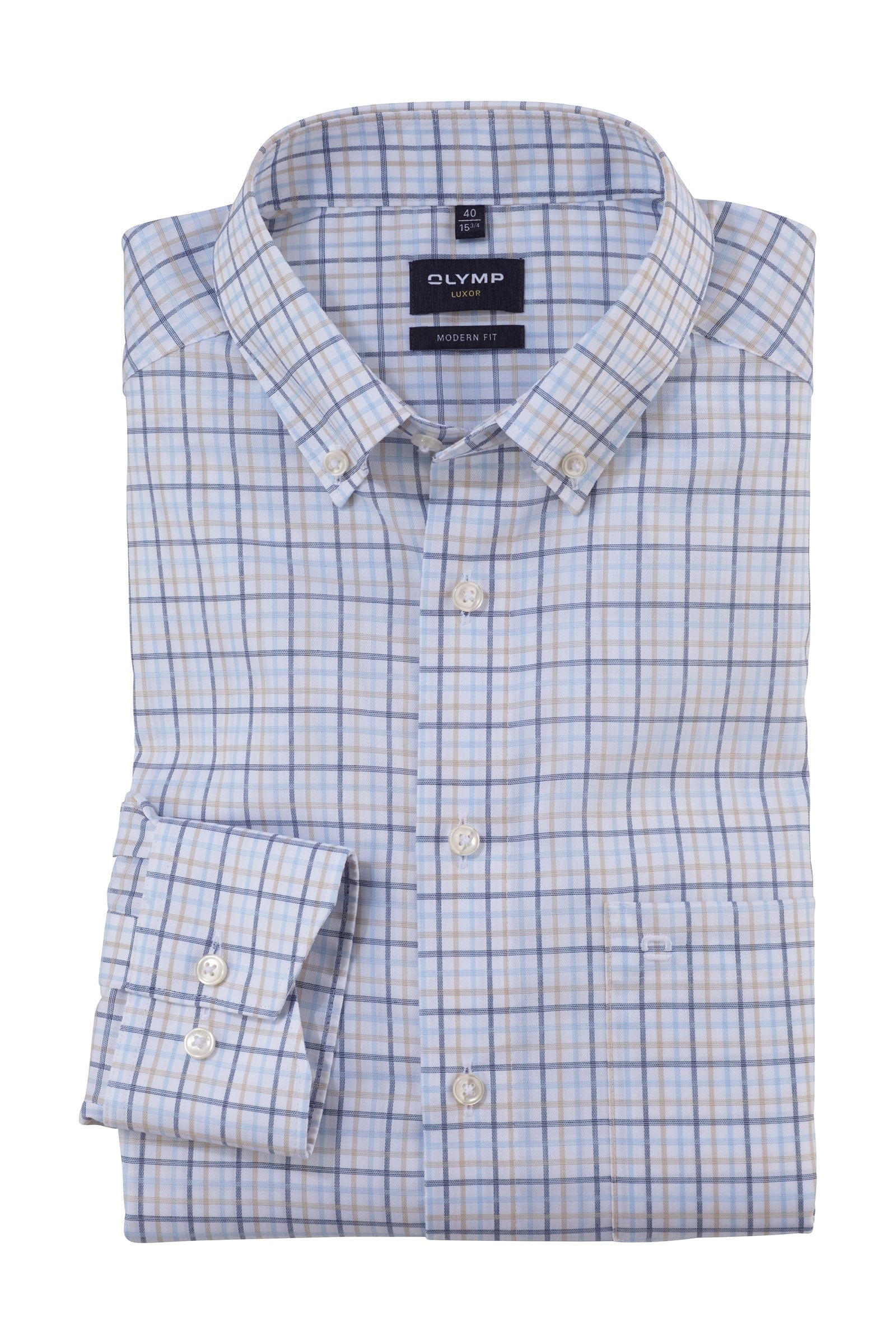 Olymp Luxor Modern Fit Check Shirt with Button-Down Collar - Blue