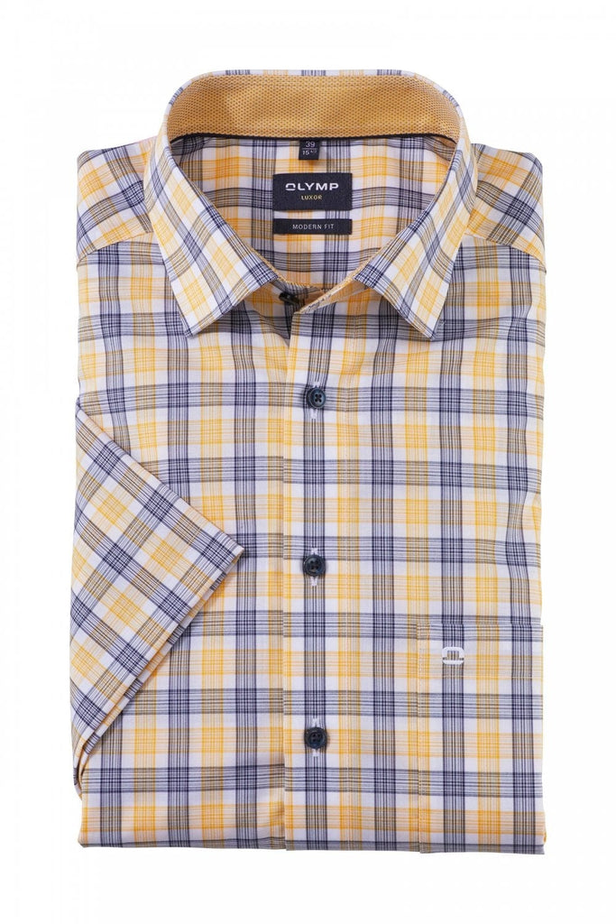Olymp Luxor Modern Fit Check Short Sleeve Shirt - Yellow/Blue