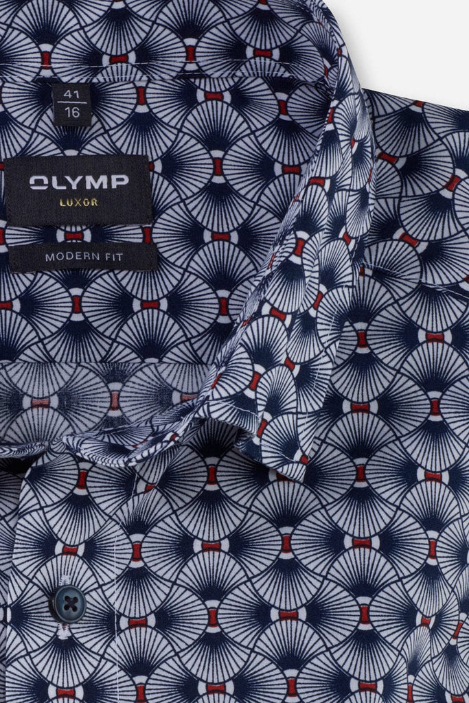 Olymp Luxor Modern Fit Fan Print Shirt - Brick Red/Navy