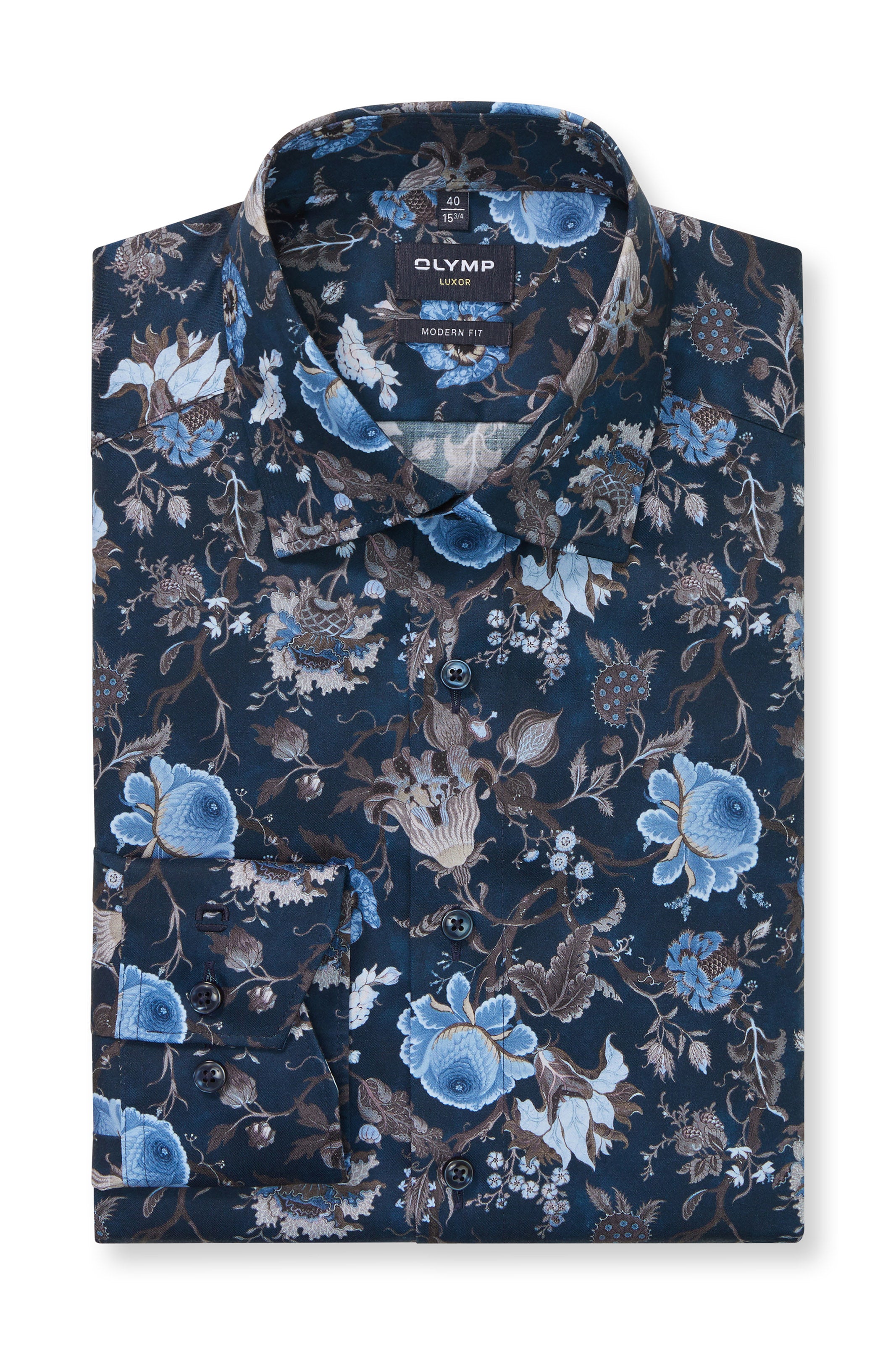 Olymp Luxor Modern Fit Floral Long Sleeve Shirt - Marine