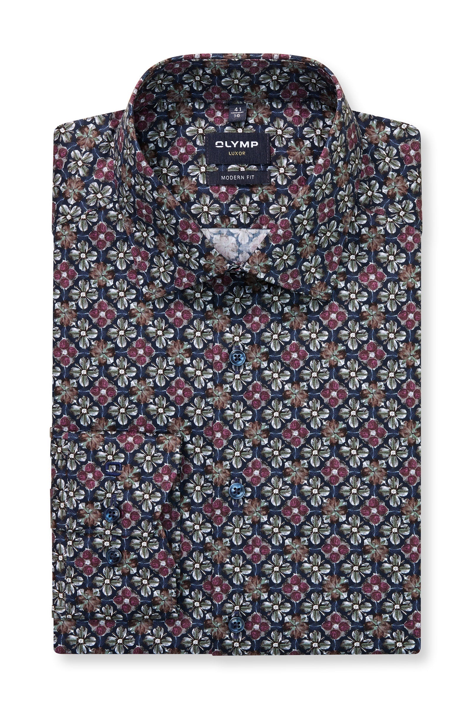 Olymp Luxor Modern Fit Floral Print Long Sleeve Shirt - Marine