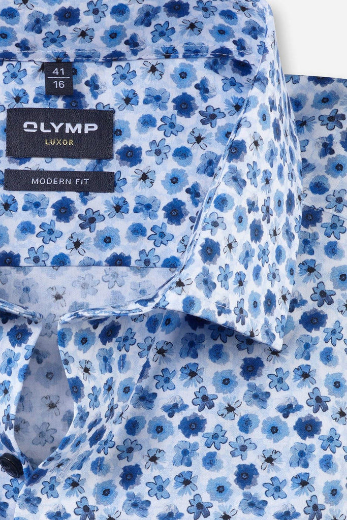 Olymp Luxor Modern Fit Floral Print Shirt - Blue/White