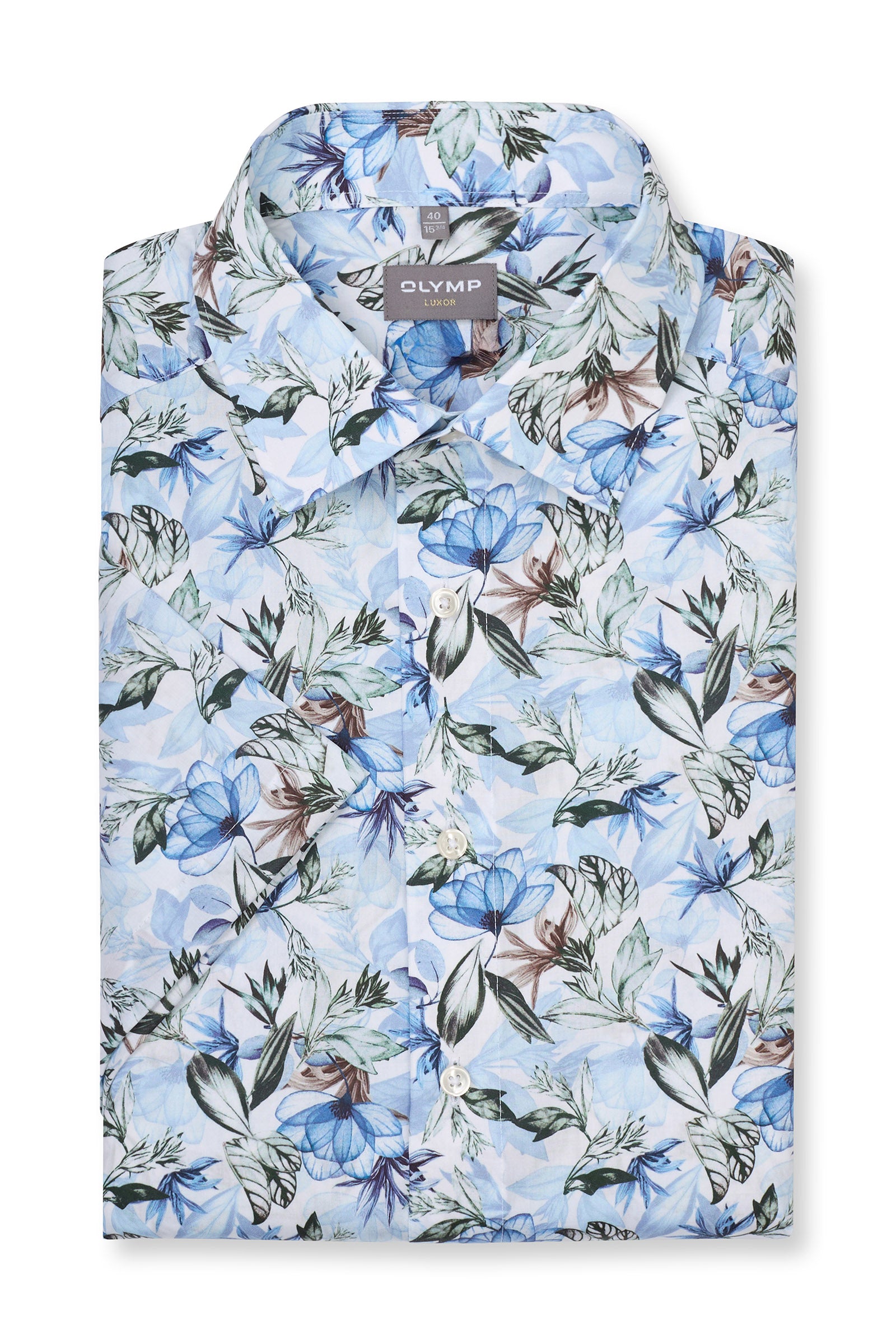 Olymp Luxor Modern Fit Floral Short Sleeve Shirt - White/Blue