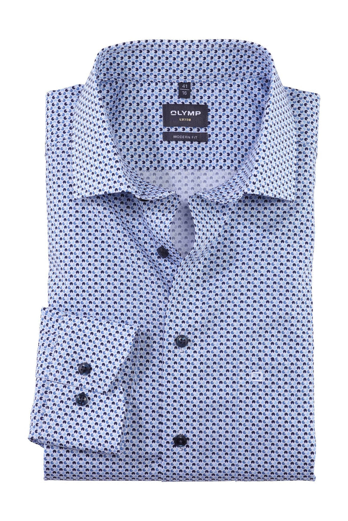 Olymp Luxor Modern Fit Geometric Print Shirt - Blue/White