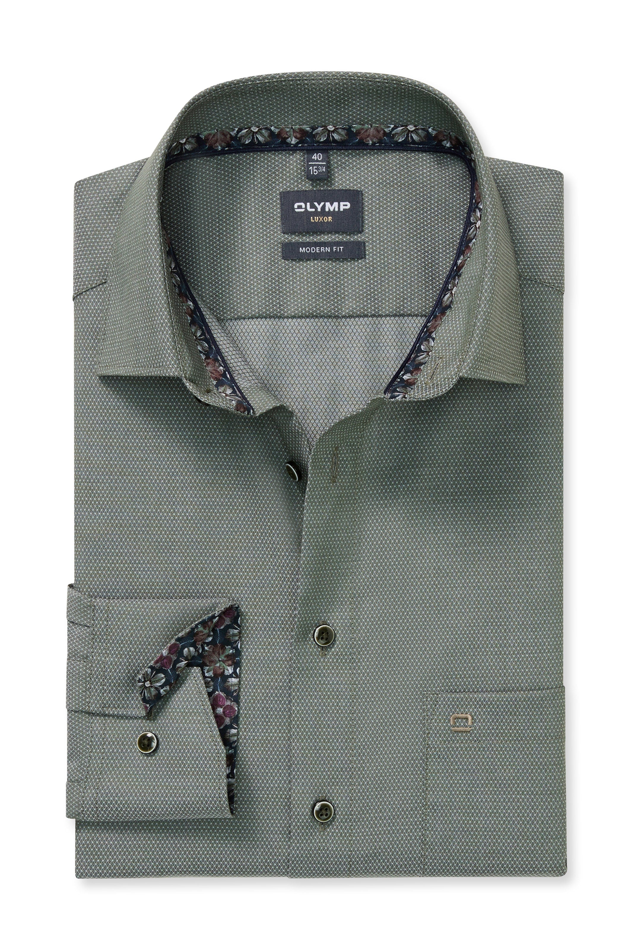Olymp Luxor Modern Fit Jacquard Shirt with Trim Detail - Grey Green