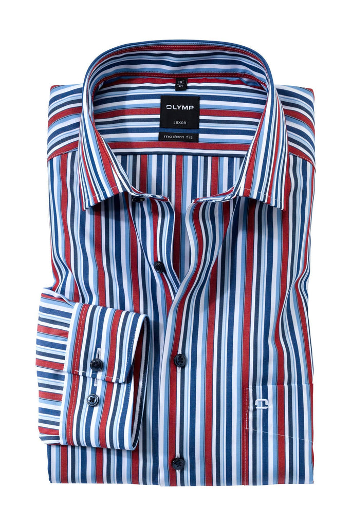 Olymp Luxor Modern Fit Long Sleeve Shirt - Blue/Red/White