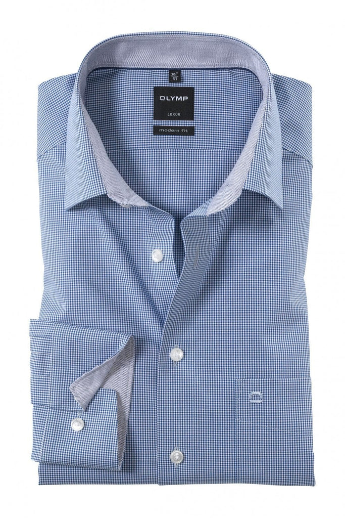 Olymp Luxor Modern Fit Micro Check Long Sleeve Shirt - Blue/White