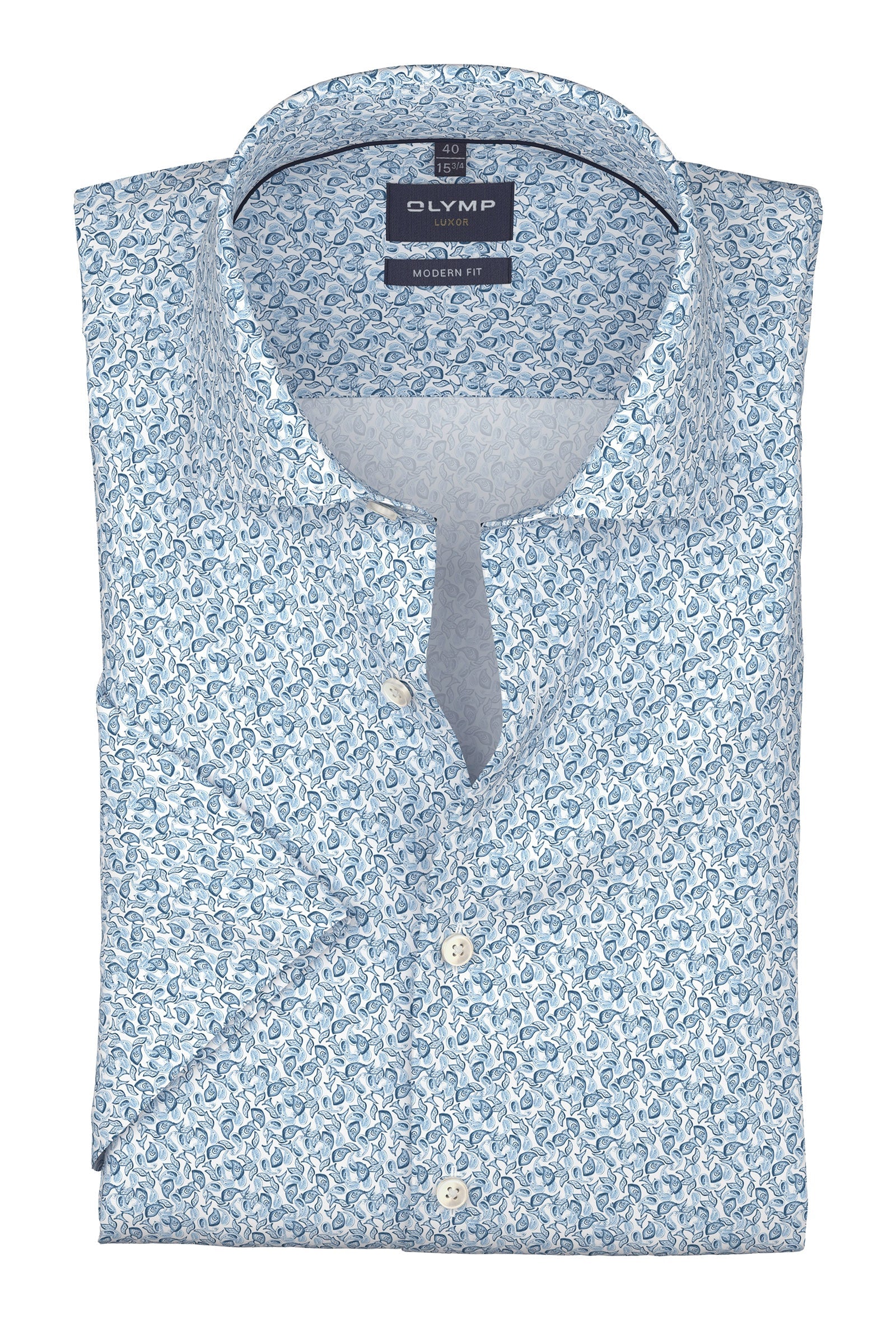 Olymp Luxor Modern Fit Mini Fish Print Short Sleeve Shirt - Blue