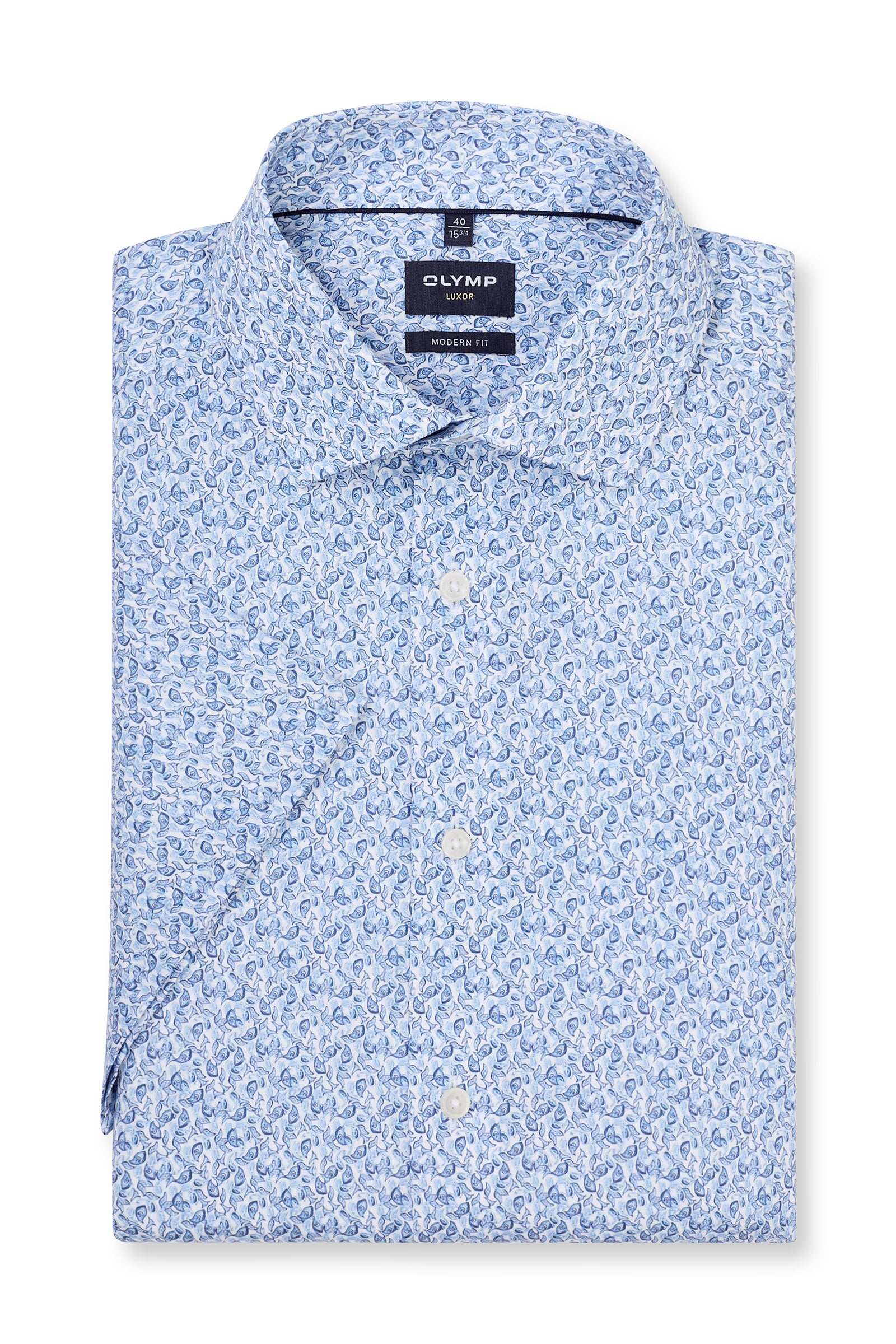 Olymp Luxor Modern Fit Mini Fish Print Short Sleeve Shirt - Blue