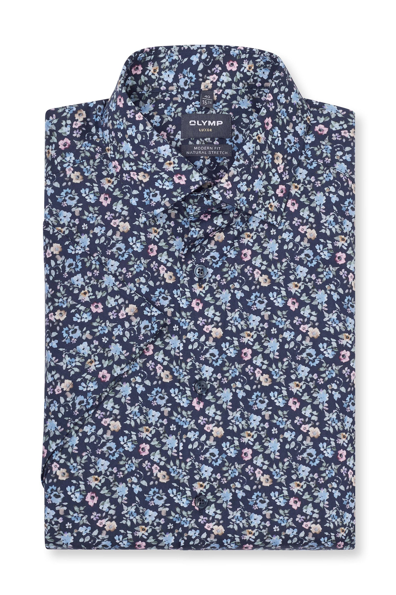 Olymp Luxor Modern Fit Neat Floral Short Sleeve Shirt - Navy