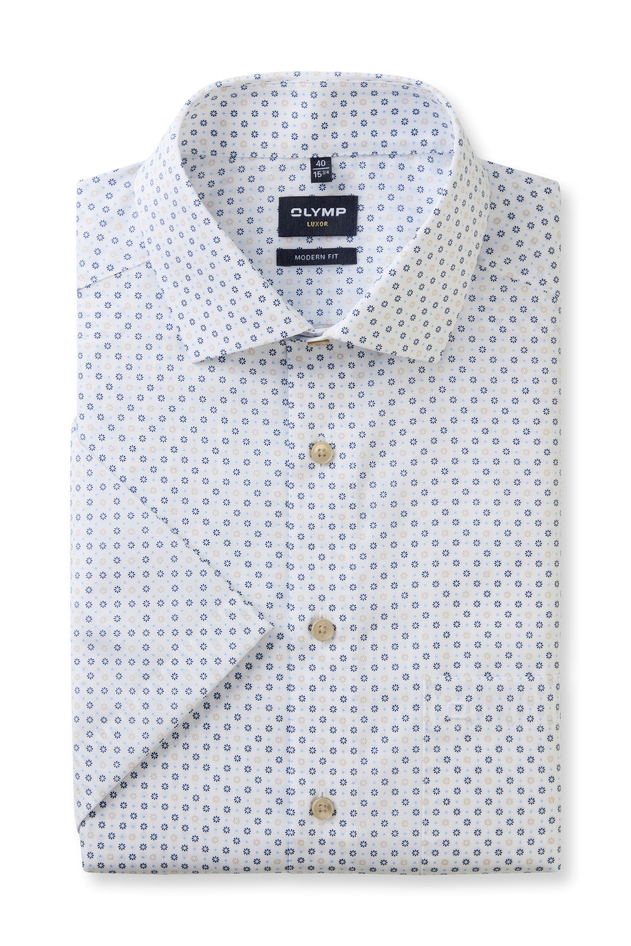 Olymp Luxor Modern Fit Neat Print Short Sleeve Shirt - White/Blue