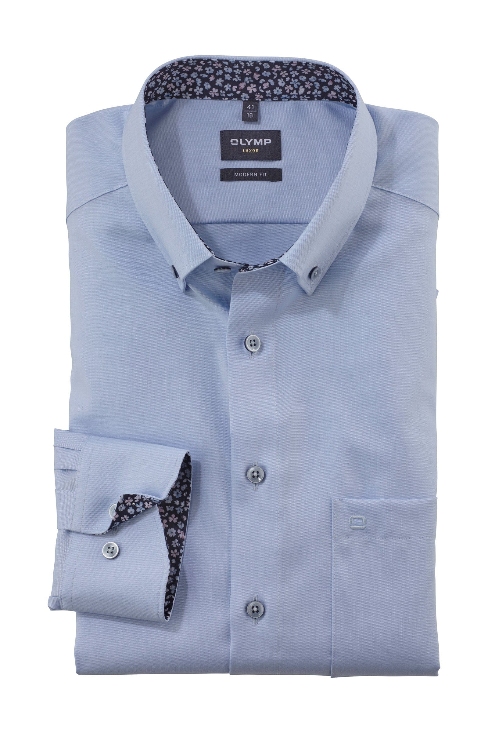 Olymp Luxor Modern Fit Plain Button-Down Shirt with Trim - Light Blue