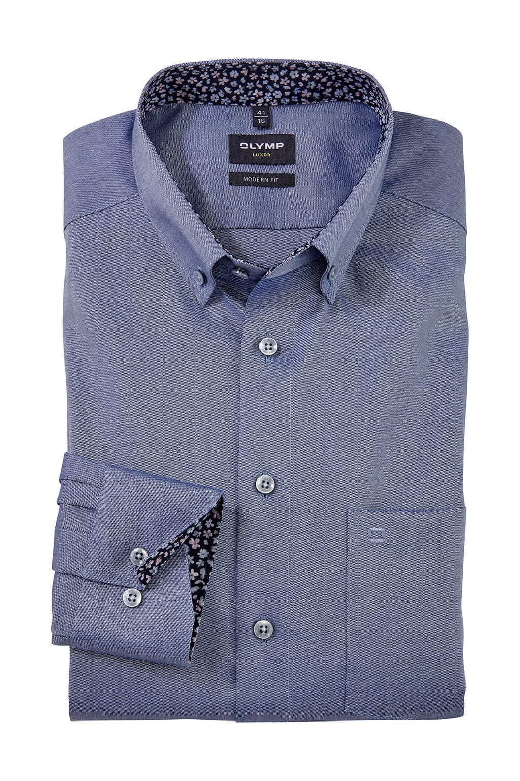 Olymp Luxor Modern Fit Plain Button-Down Shirt with Trim - Smoke Blue