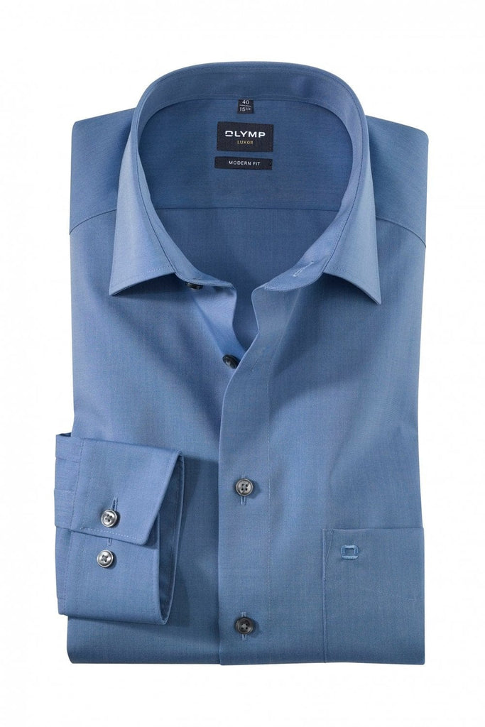 Olymp Luxor Modern Fit Plain Long Sleeve Shirt - Blue