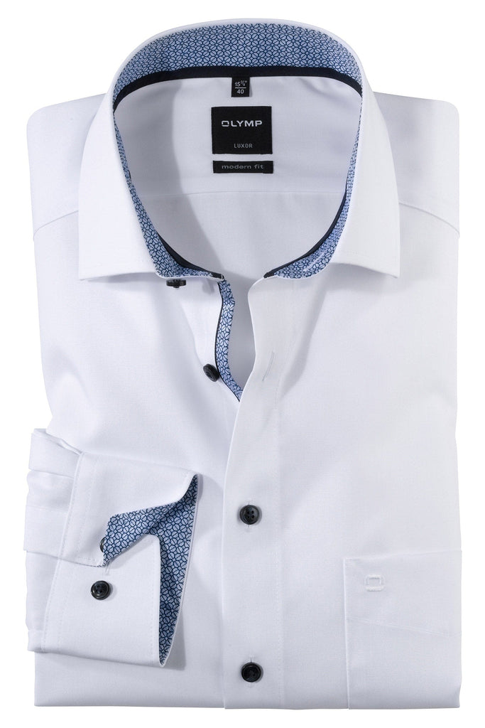 Olymp Luxor Modern Fit Plain Shirt with Blue Trim - White