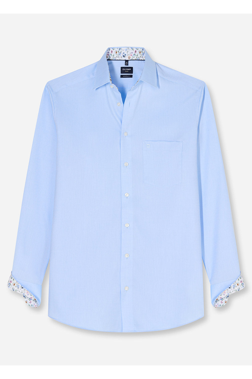 Olymp Luxor Modern Fit Plain Shirt with Floral Trim - Light Blue