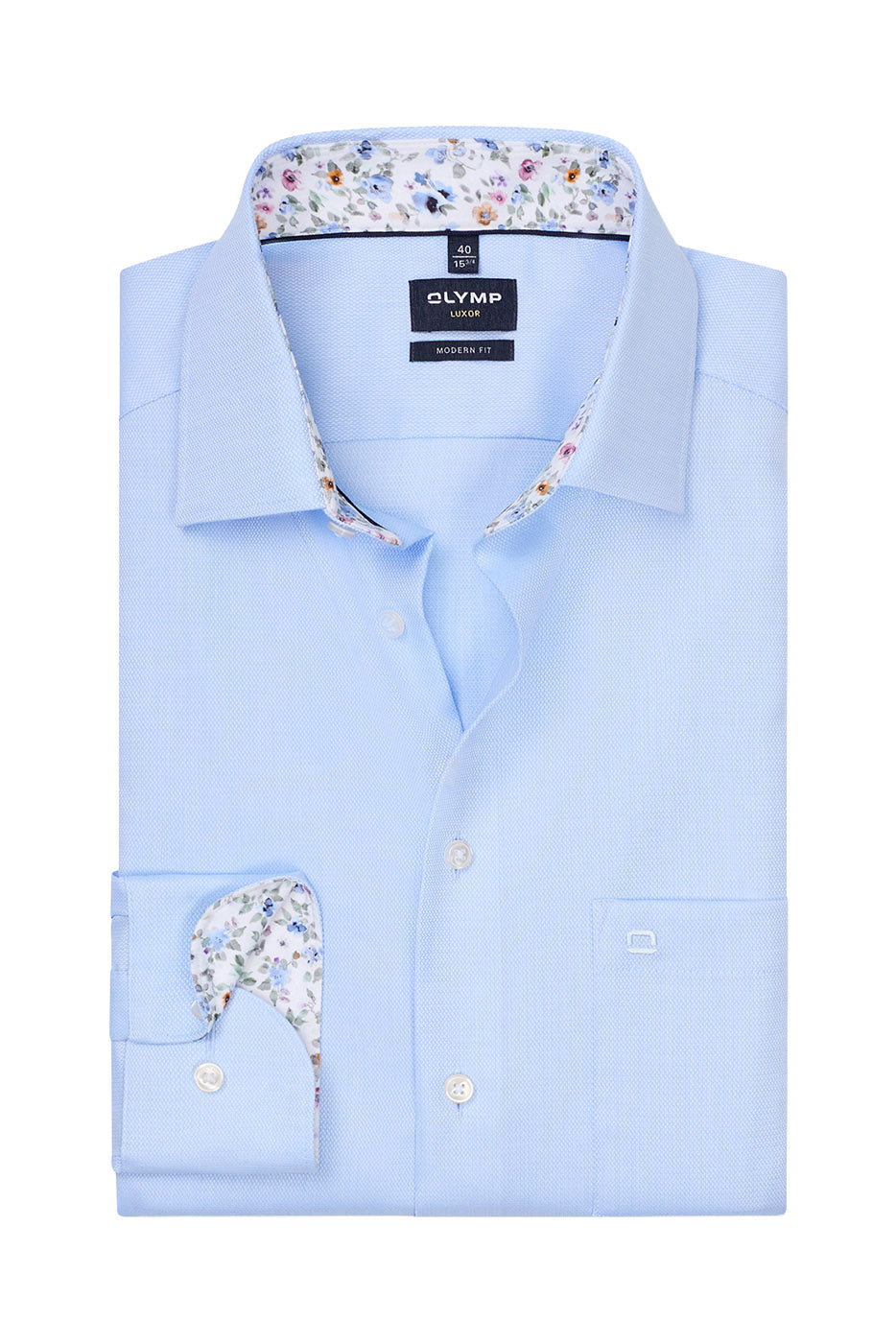 Olymp Luxor Modern Fit Plain Shirt with Floral Trim - Light Blue