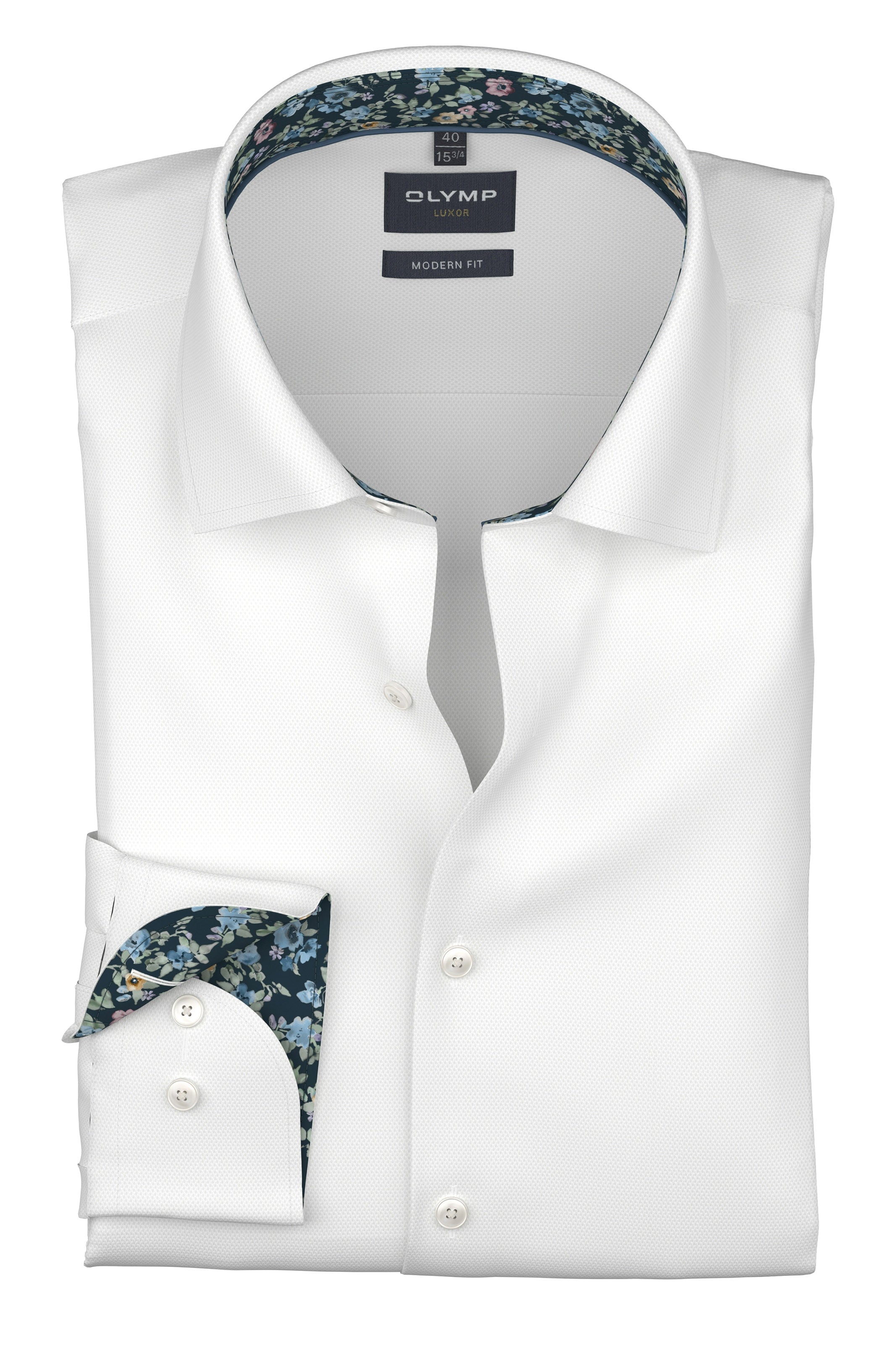 Olymp Luxor Modern Fit Plain Shirt with Floral Trim - White