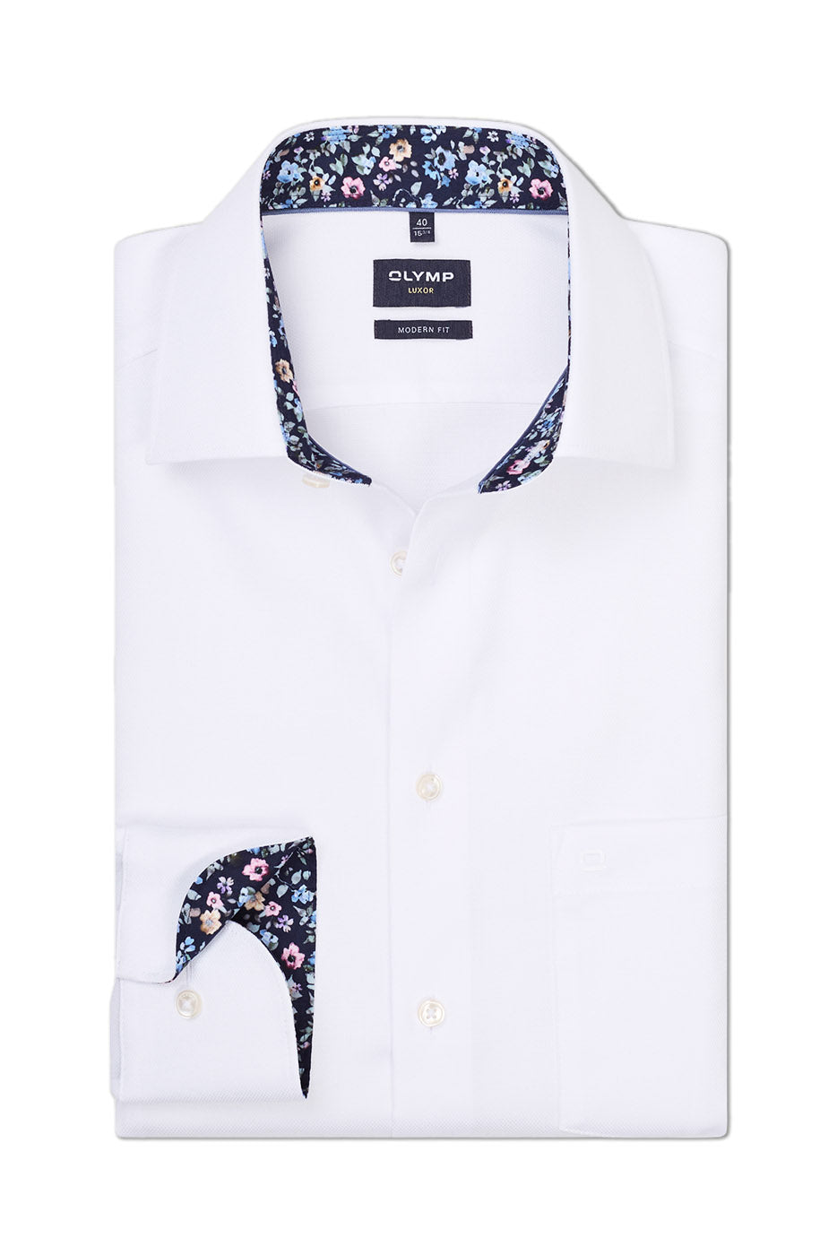 Olymp Luxor Modern Fit Plain Shirt with Floral Trim - White