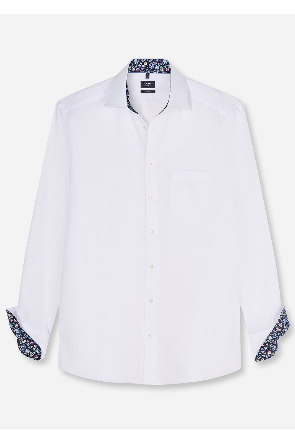 Olymp Luxor Modern Fit Plain Shirt with Floral Trim - White