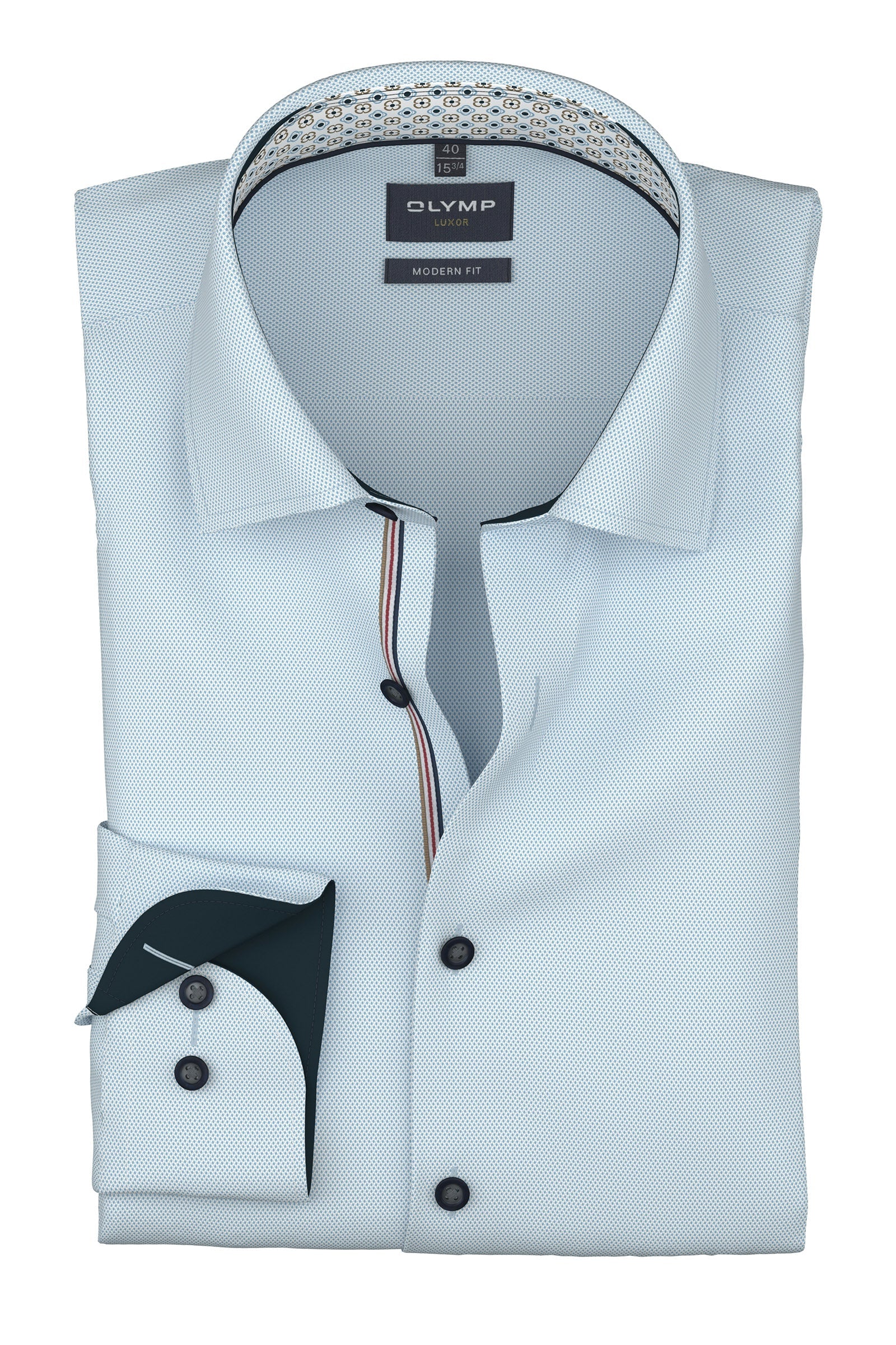 Olymp Luxor Modern Fit Plain Shirt with Geo Trim - Light Blue