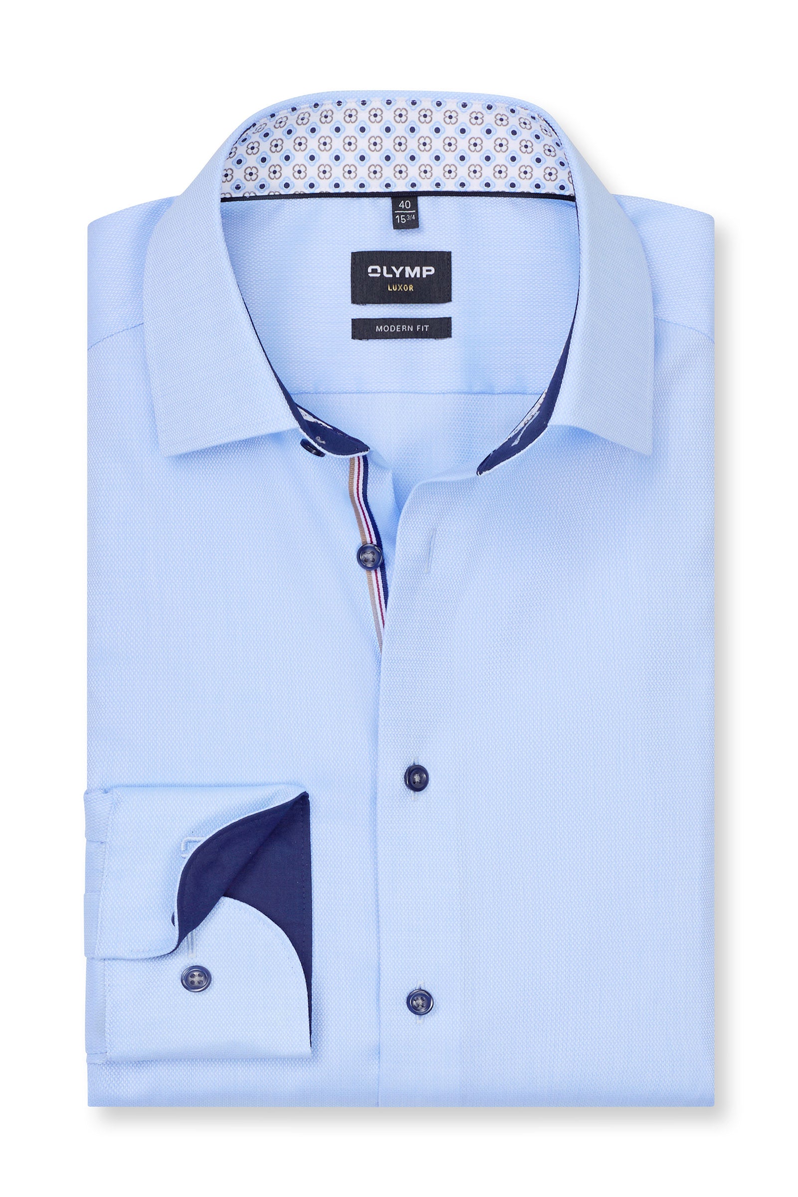 Olymp Luxor Modern Fit Plain Shirt with Geo Trim - Light Blue