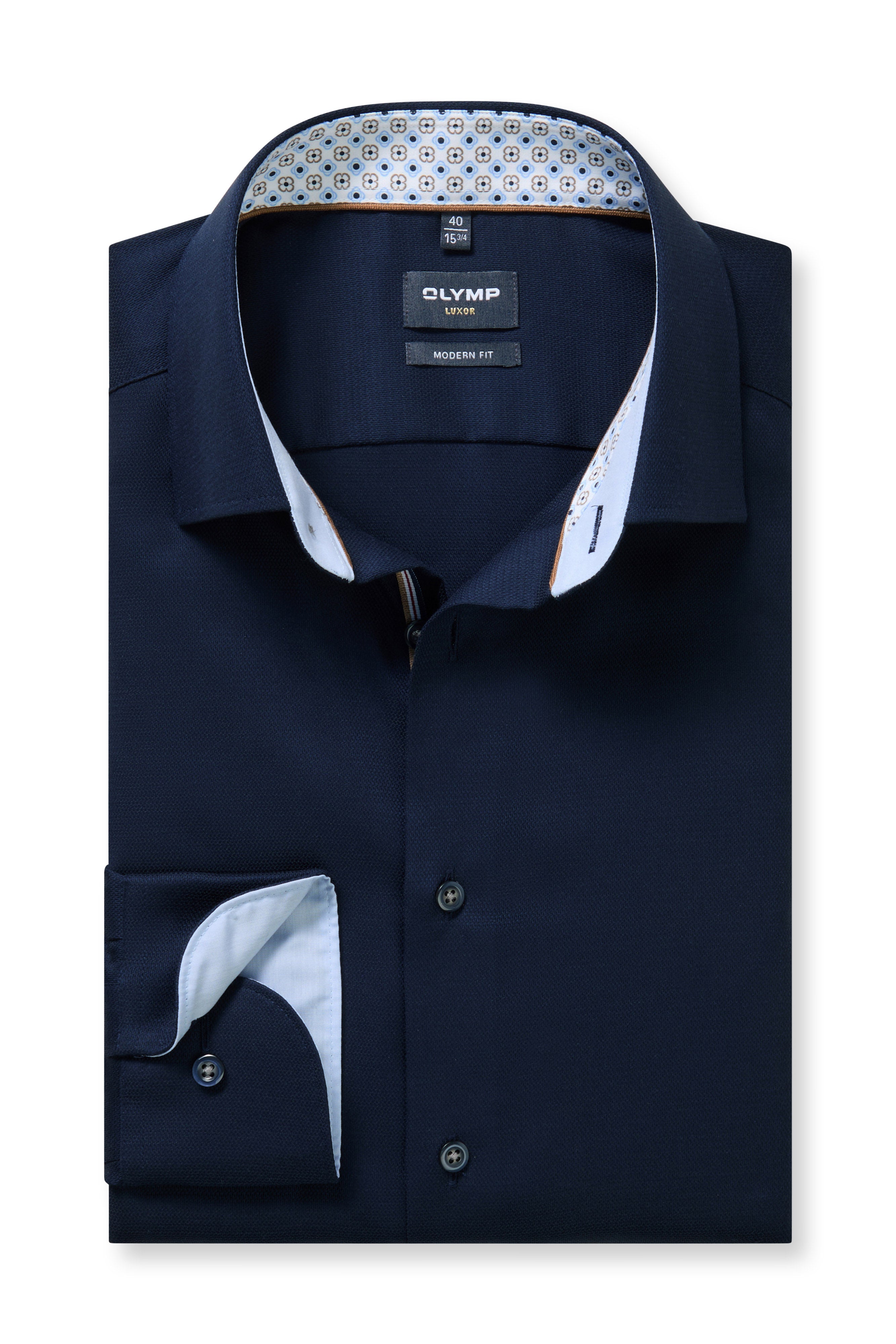 Olymp Luxor Modern Fit Plain Shirt with Geo Trim - Navy