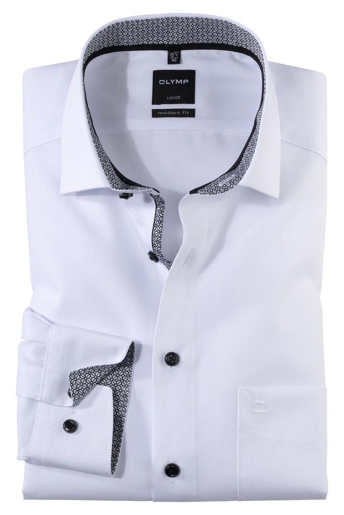 Olymp Luxor Modern Fit Plain Shirt with Grey Trim - White
