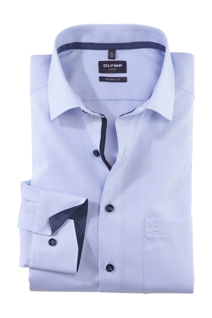 Olymp Luxor Modern Fit Plain Shirt with Trim - Light Blue