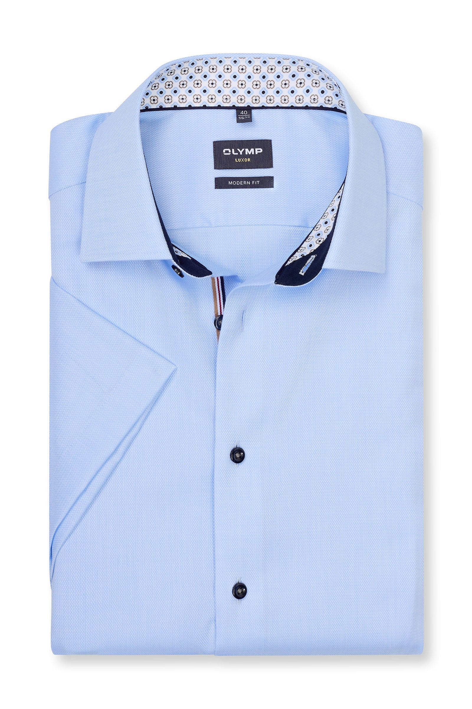 Olymp Luxor Modern Fit Plain Short Sleeve Shirt with Geo Trim - Light Blue