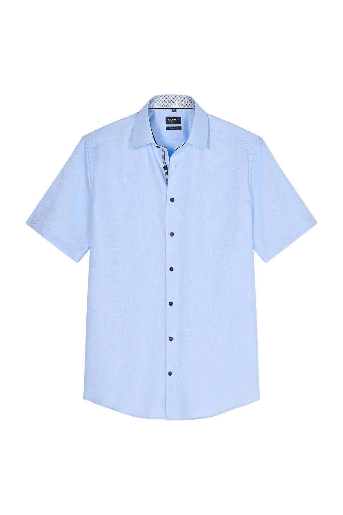 Olymp Luxor Modern Fit Plain Short Sleeve Shirt with Geo Trim - Light Blue