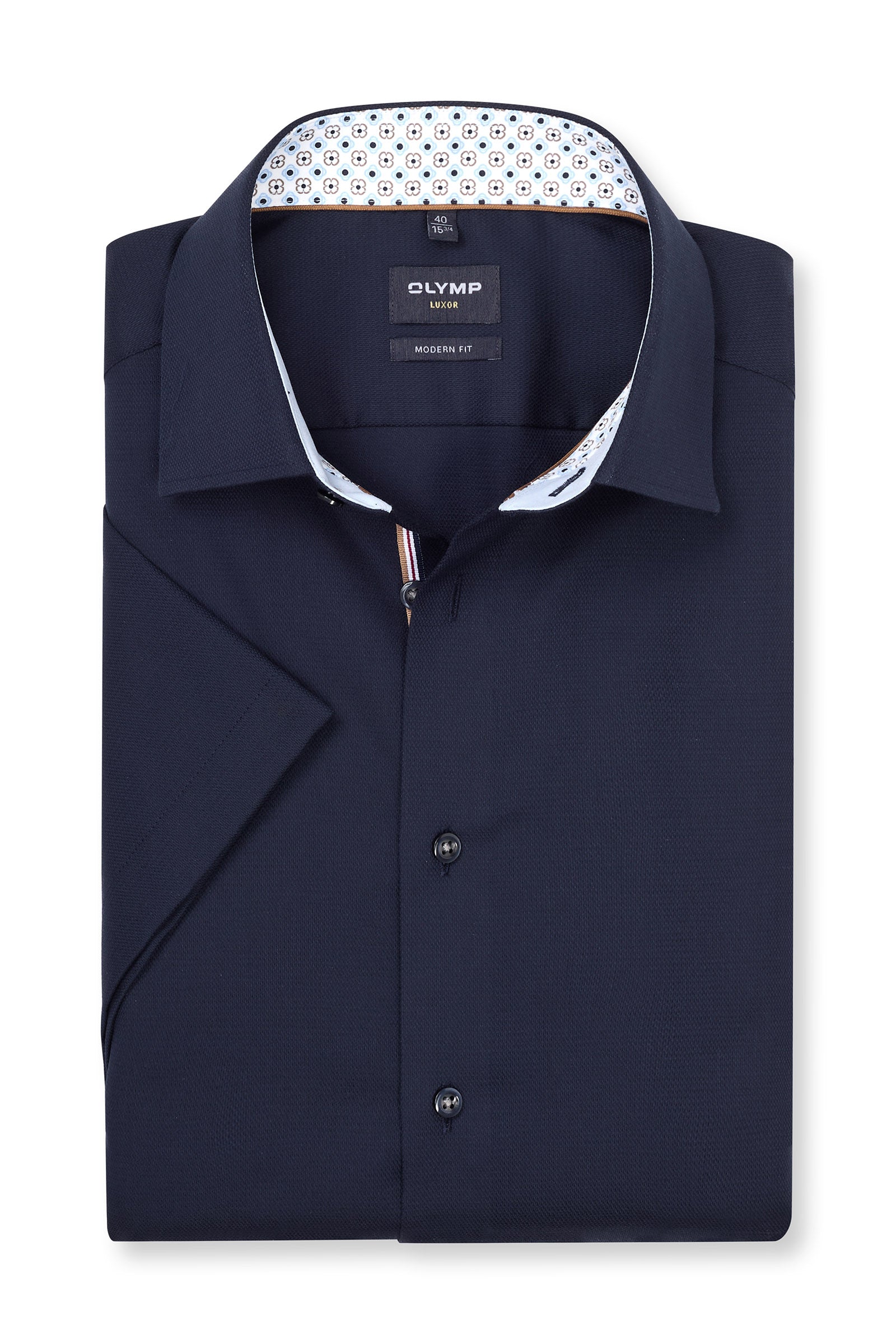 Olymp Luxor Modern Fit Plain Short Sleeve Shirt with Geo Trim - Navy