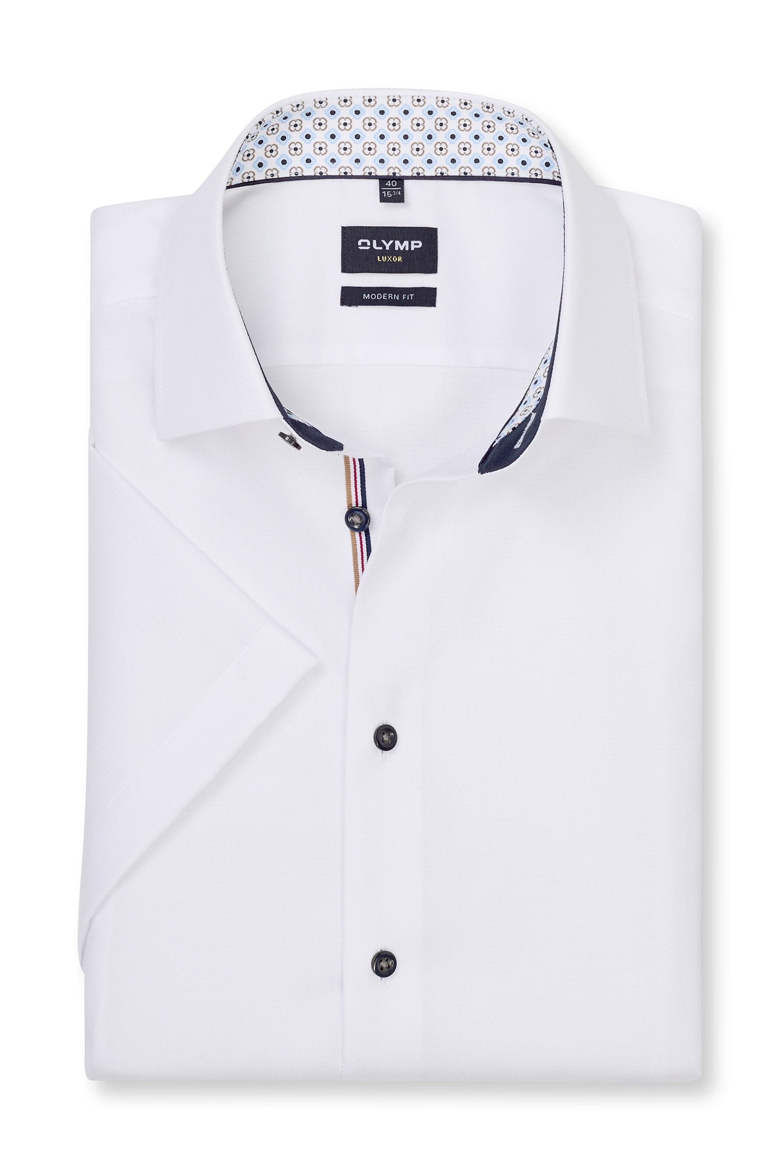 Olymp Luxor Modern Fit Plain Short Sleeve Shirt with Geo Trim - White