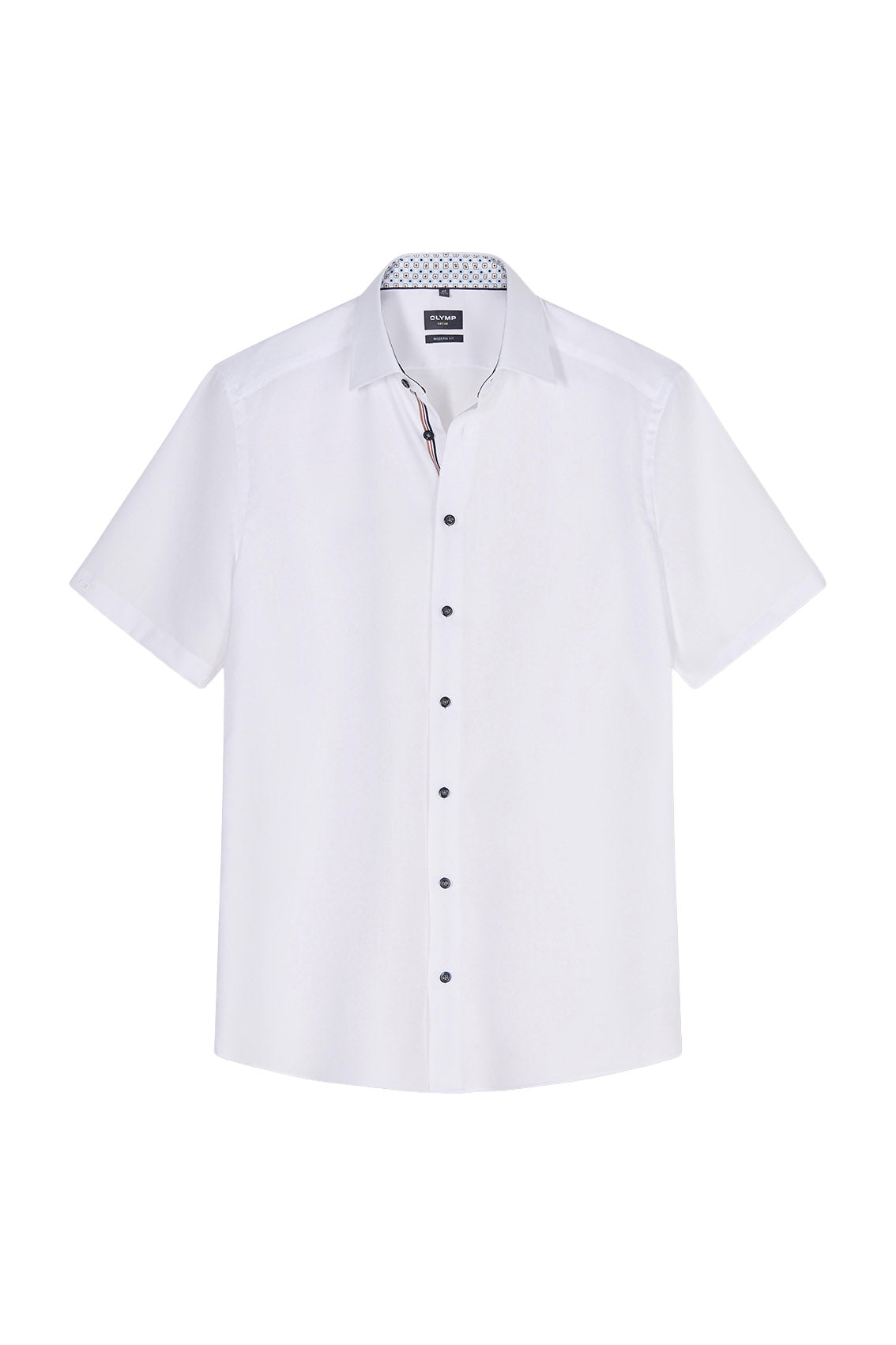 Olymp Luxor Modern Fit Plain Short Sleeve Shirt with Geo Trim - White
