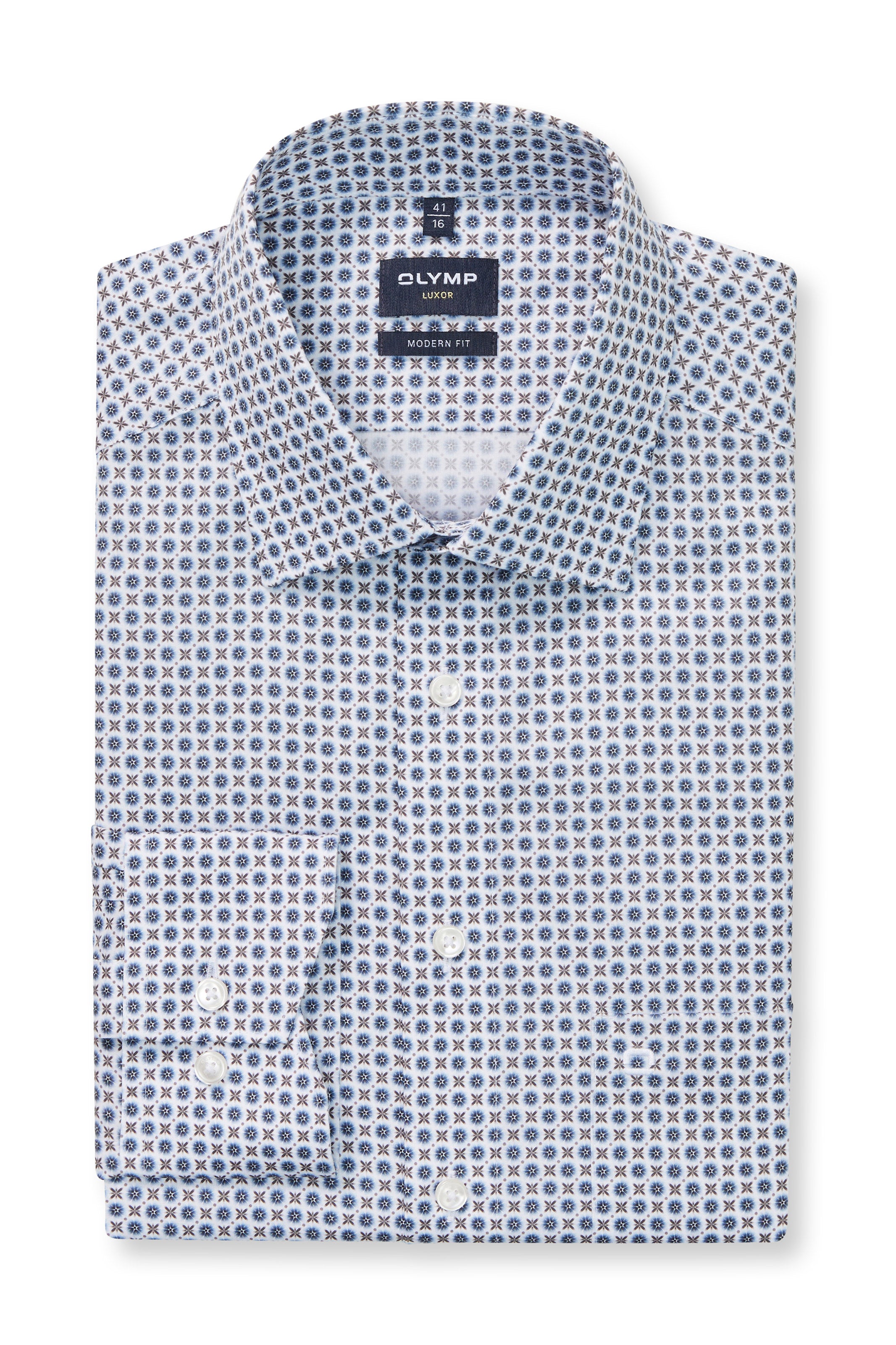 Olymp Luxor Modern Fit Print Long Sleeve Shirt - Marine