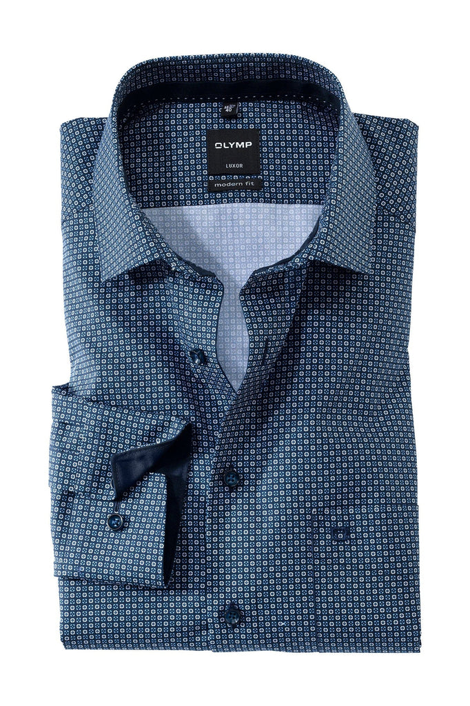 Olymp Luxor Modern Fit Print Long Sleeve Shirt - Navy