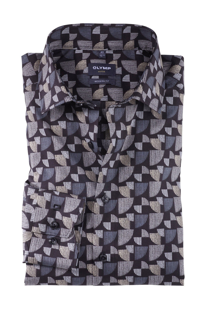 Olymp Luxor Modern Fit Print Long Sleeve Shirt - Taupe