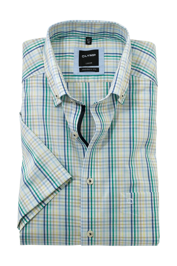 Olymp Luxor Modern Fit Short Sleeve Check Shirt - Green/Blue