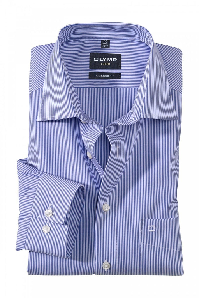 Olymp Luxor Modern Fit Stripe Long Sleeve Shirt - Blue/White