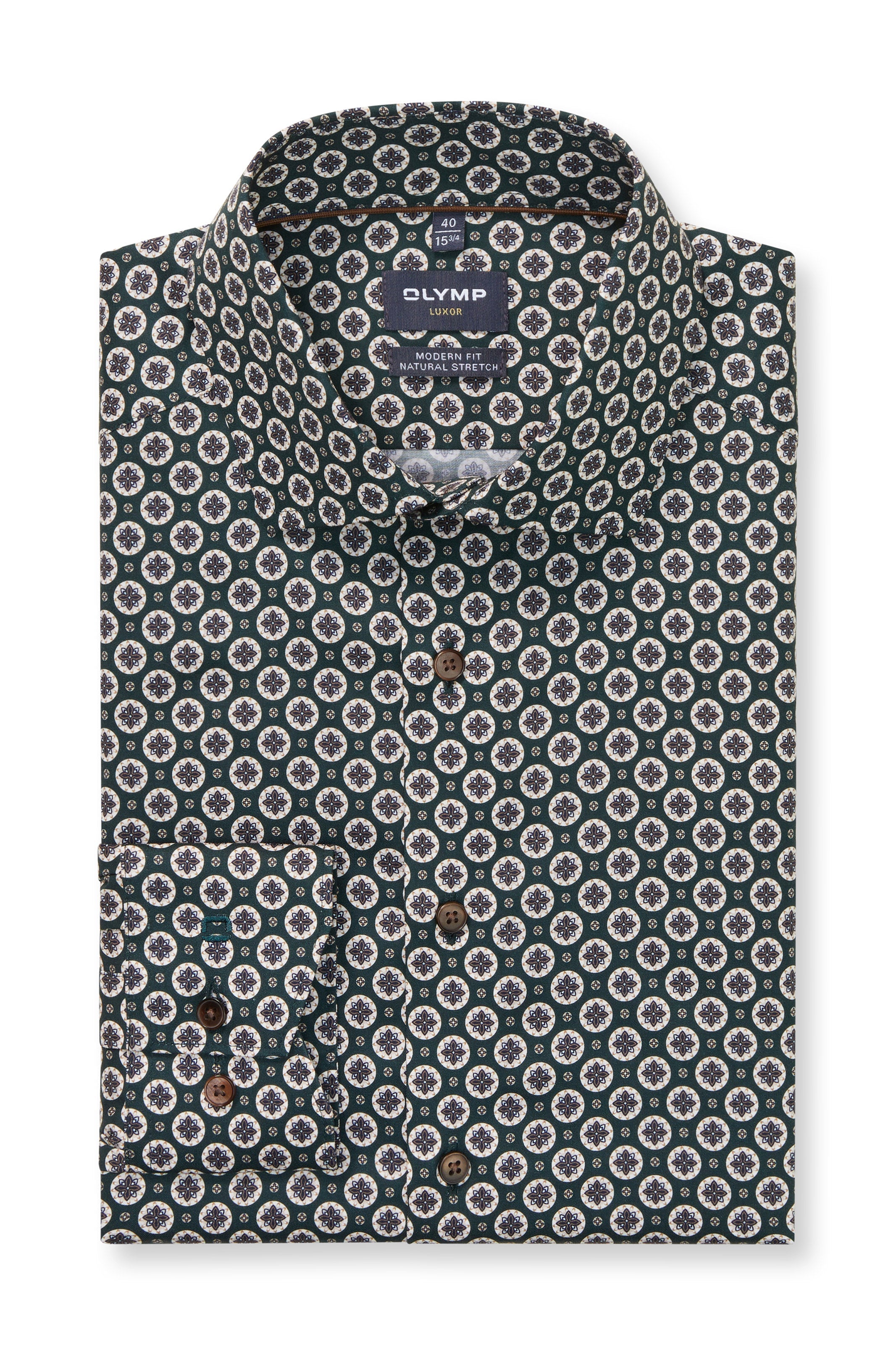 Olymp Luxor Modern Fit Tile Print Long Sleeve Shirt - Dark Green