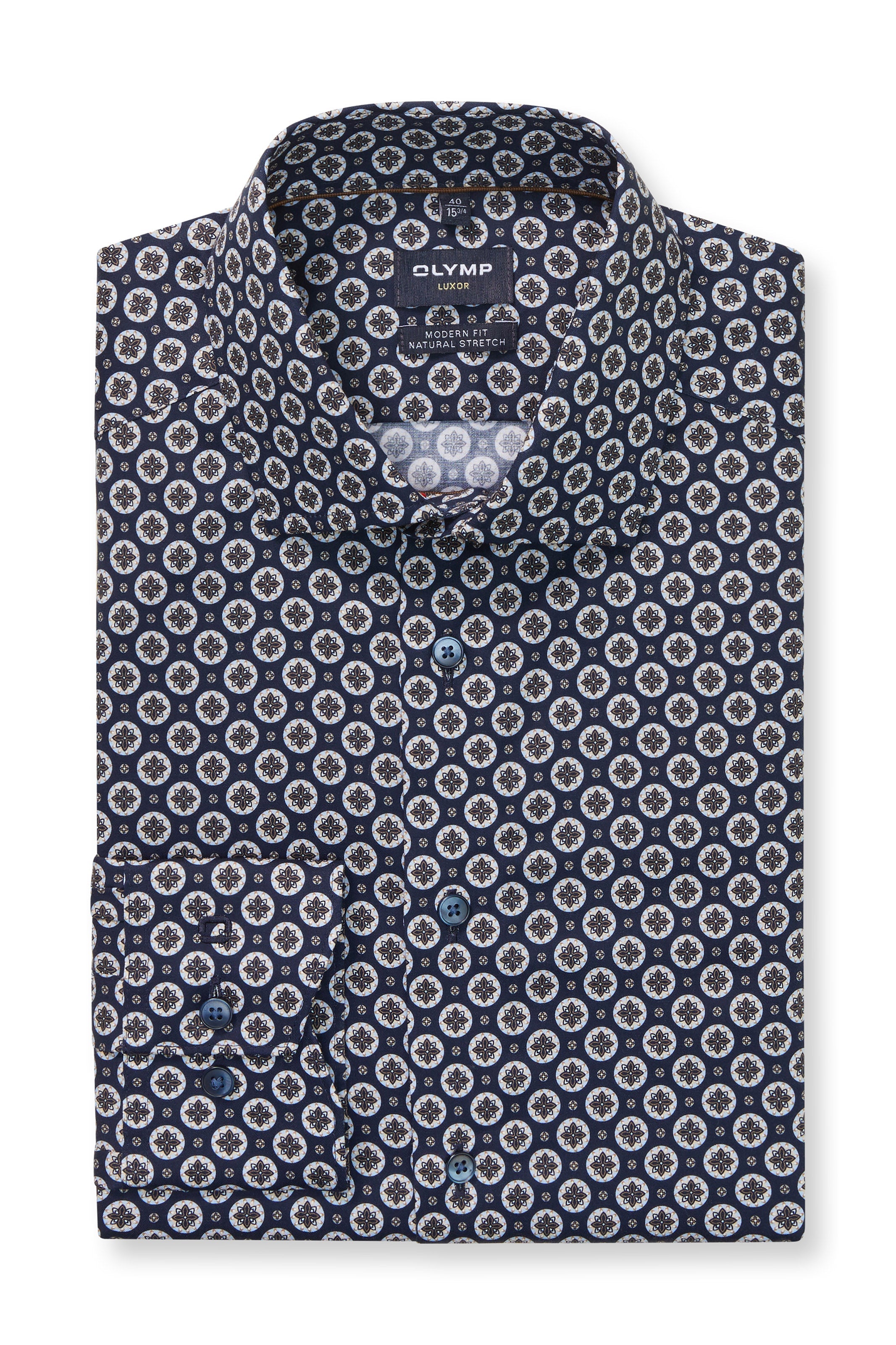 Olymp Luxor Modern Fit Tile Print Long Sleeve Shirt - Marine