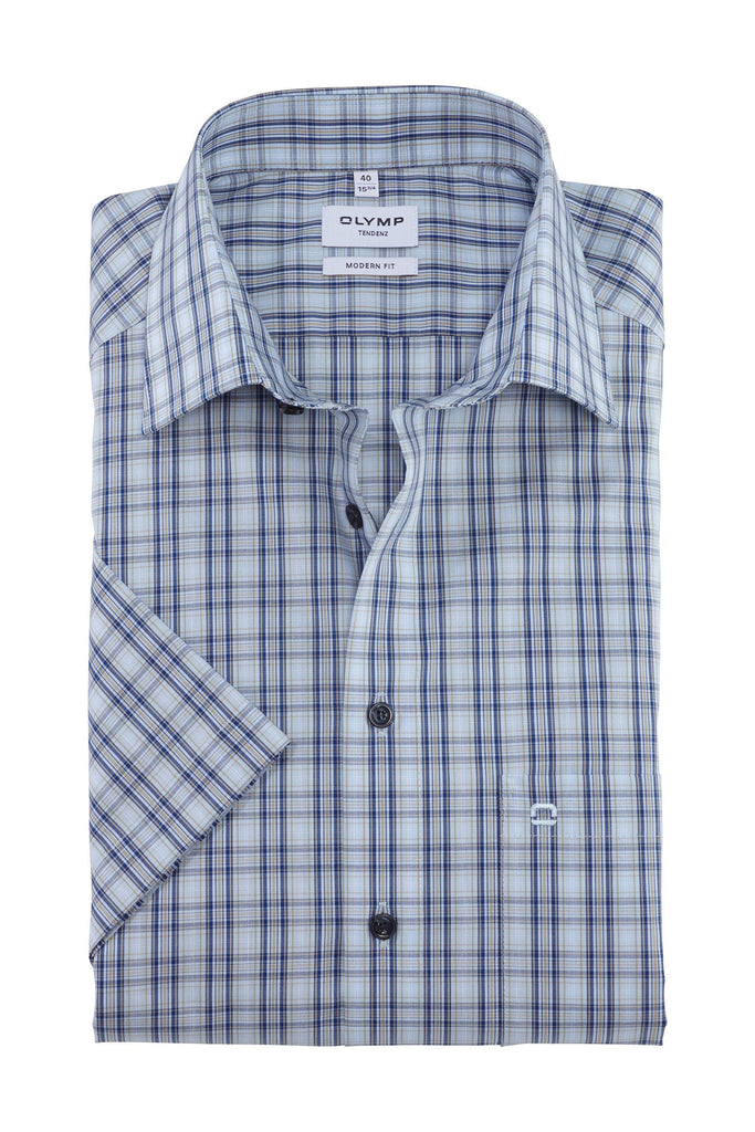 Olymp Tendenz Modern Fit Check Short Sleeve Shirt - Blue