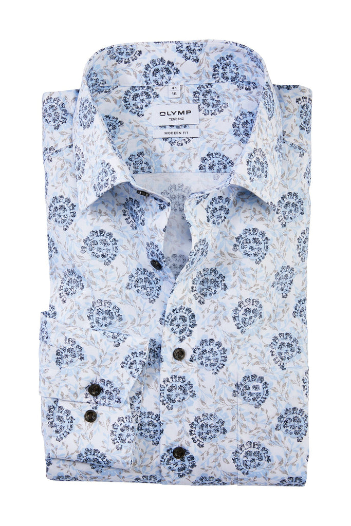 Olymp Tendenz Modern Fit Floral Print Long Sleeve Shirt - Blue