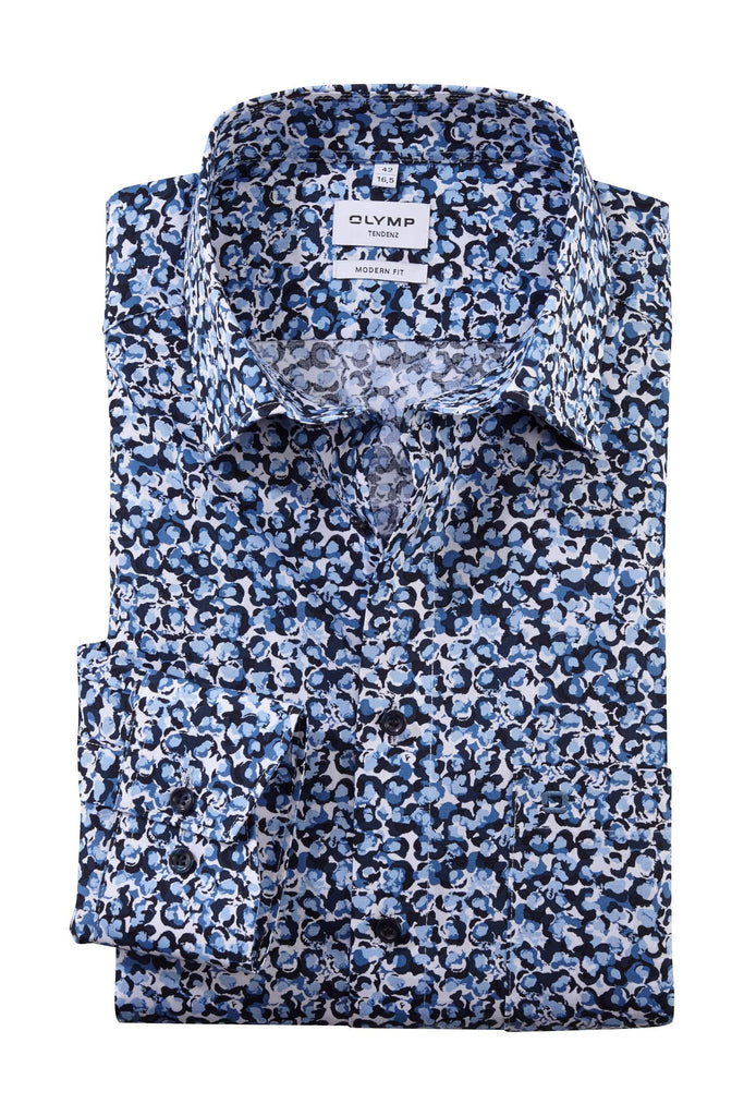 Olymp Tendenz Modern Fit Flower Print Shirt - Blue