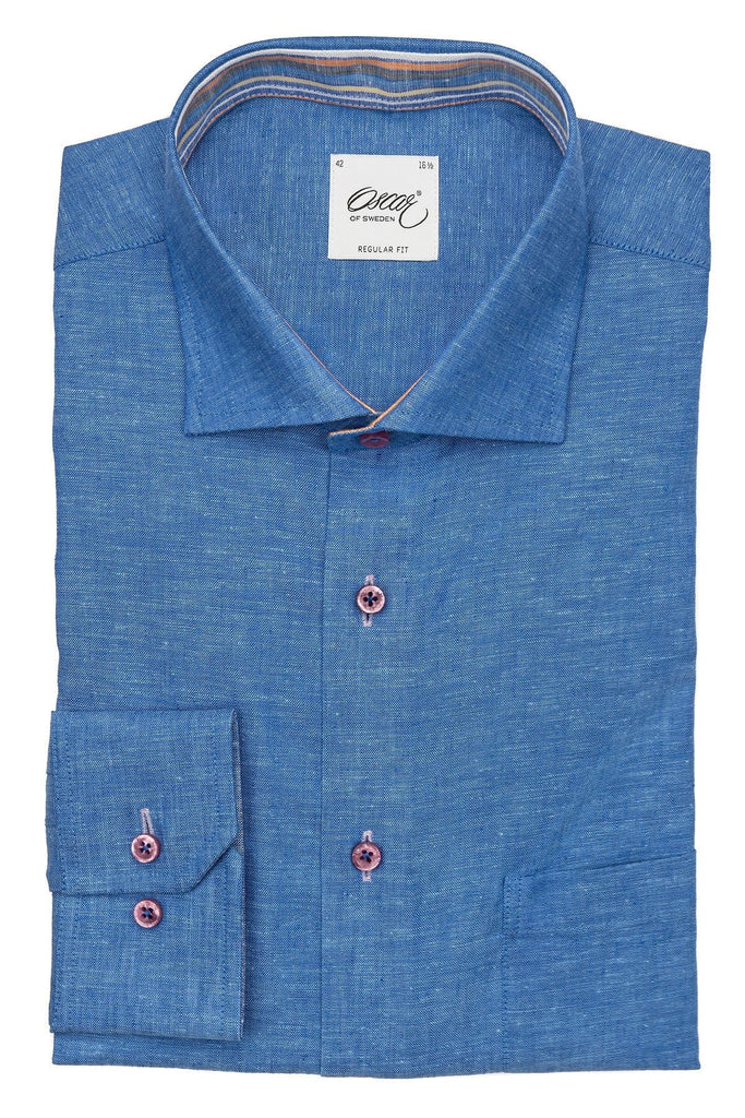 Oscar Plain Linen Blend Regular Fit Shirt - Dark Blue