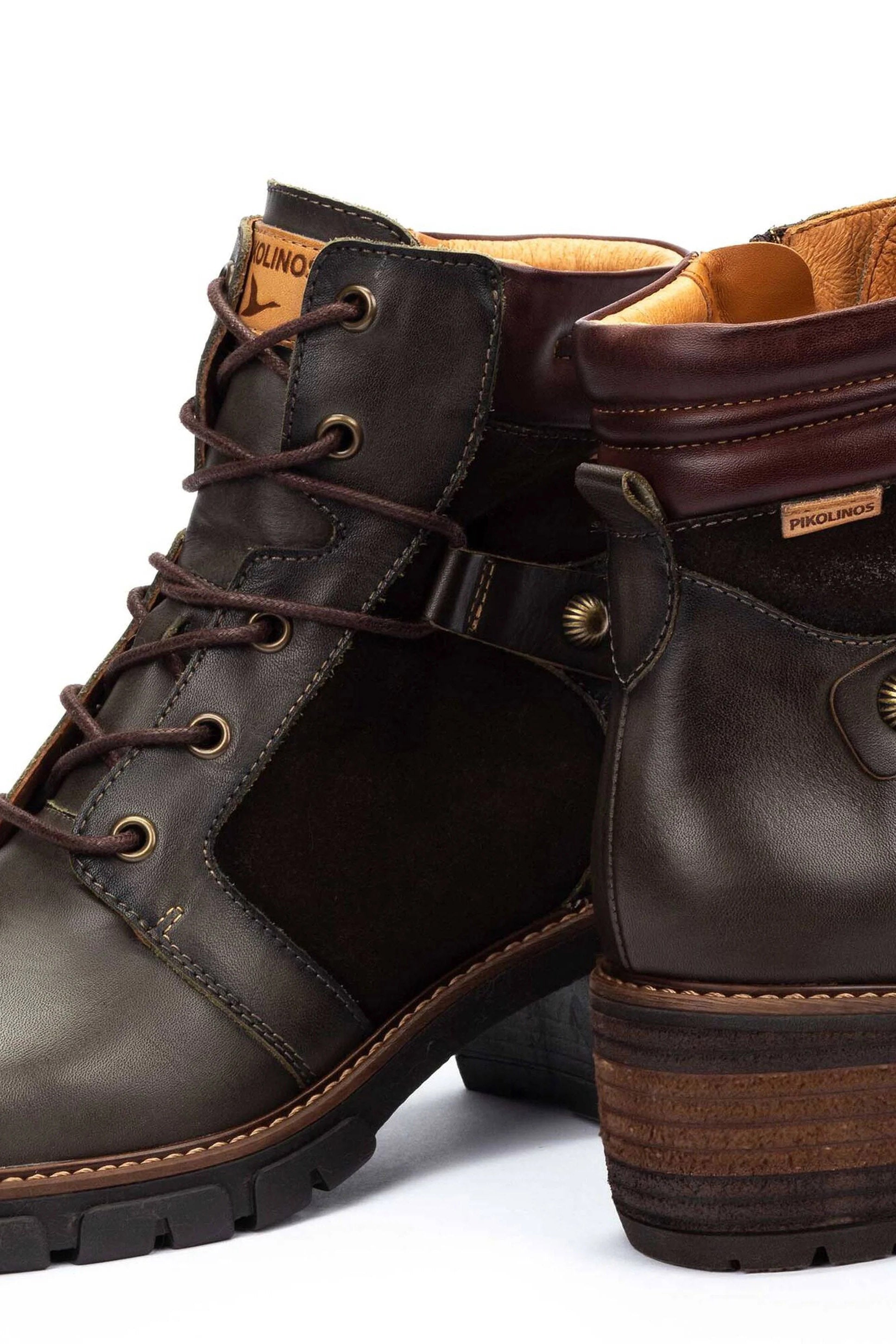 Pikolinos San Sebastia Leather Lace Up Heeled Ankle Boots - Forest